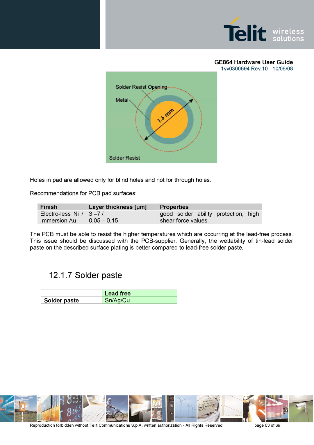 Telit Wireless Solutions GE864 manual Finish Layer thickness µm Properties, Lead free, Solder paste Sn/Ag/Cu 