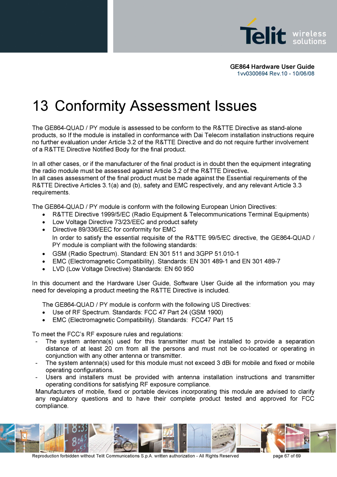 Telit Wireless Solutions GE864 manual Conformity Assessment Issues 