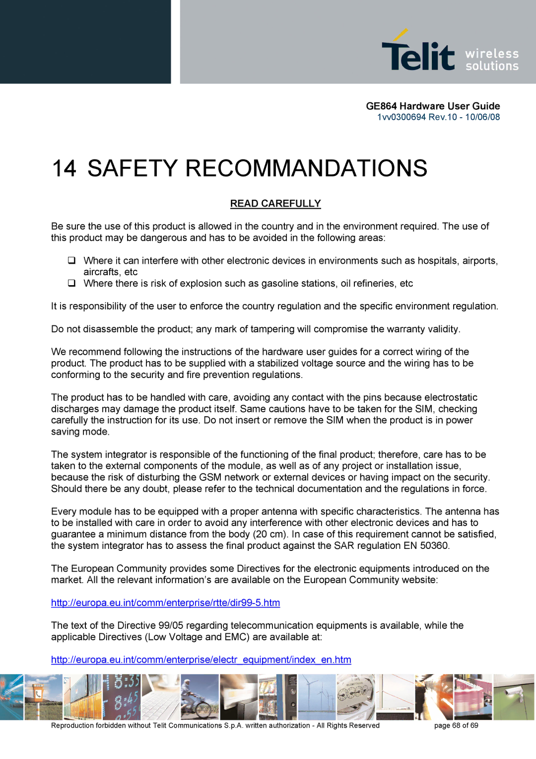 Telit Wireless Solutions GE864 manual Safety Recommandations 