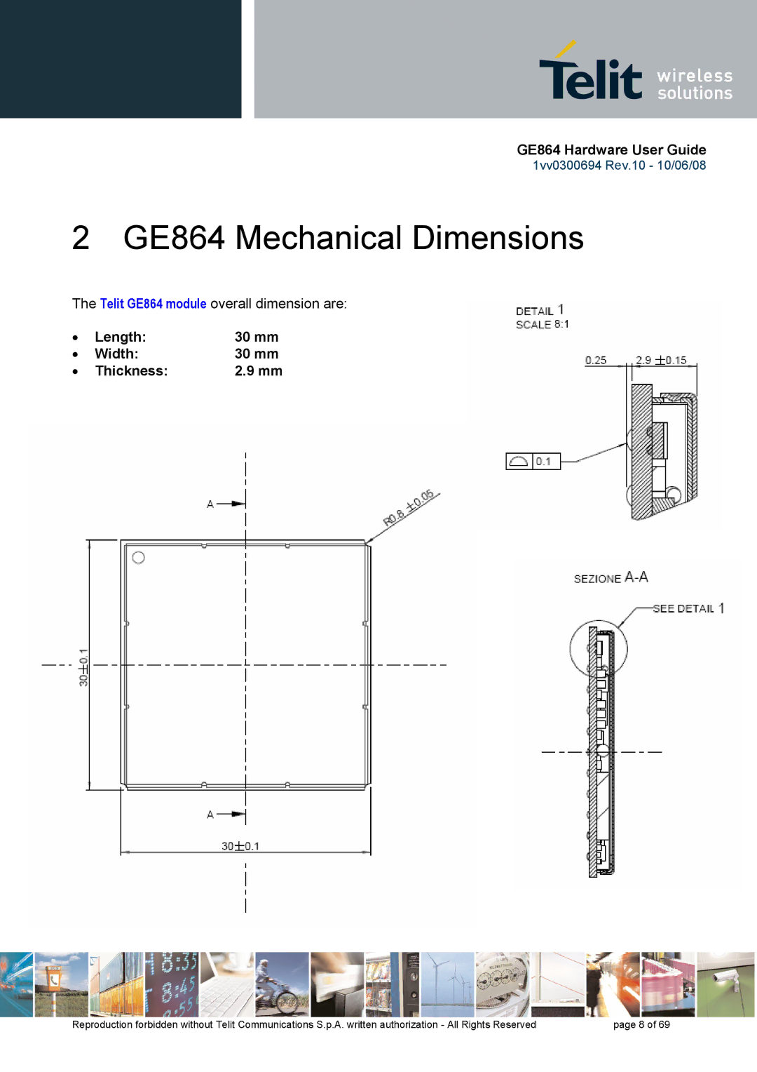 Telit Wireless Solutions manual GE864 Mechanical Dimensions, Length 30 mm Width Thickness 