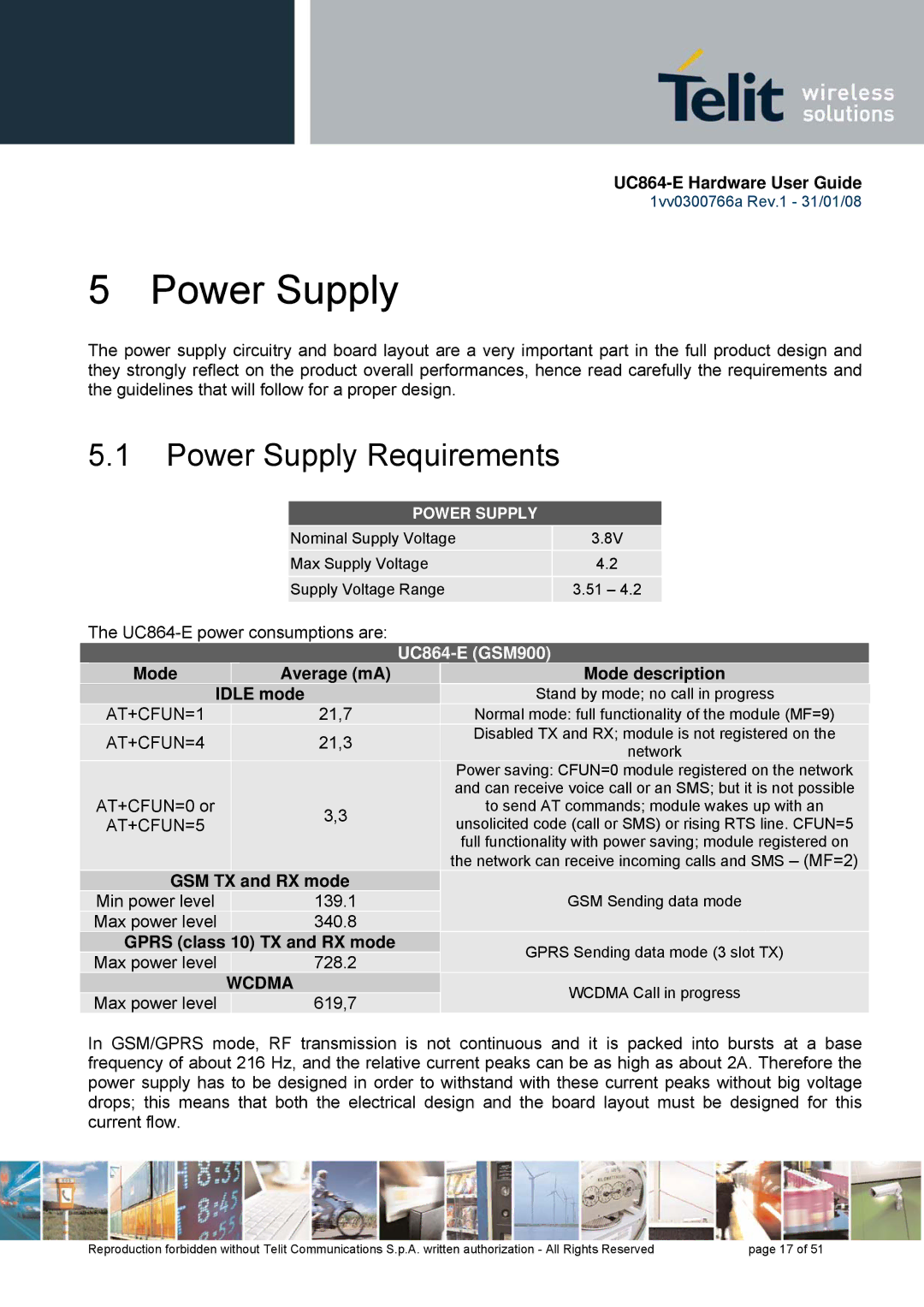 Telit Wireless Solutions UC864 manual Power Supply Requirements 