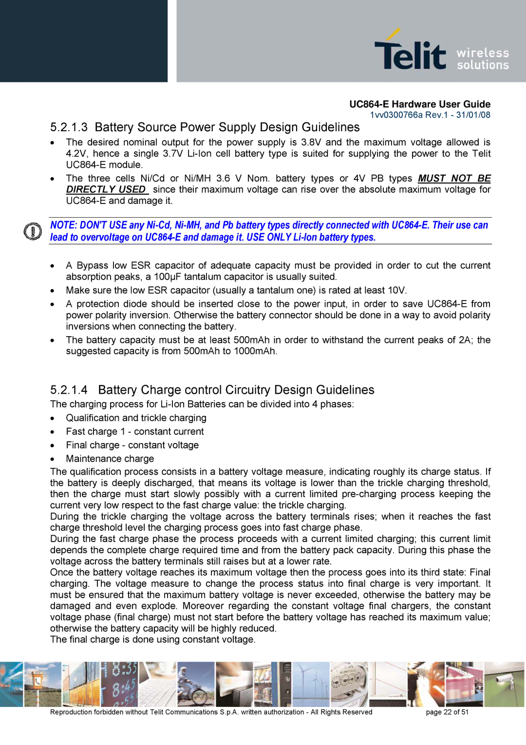 Telit Wireless Solutions UC864 manual Battery Source Power Supply Design Guidelines 