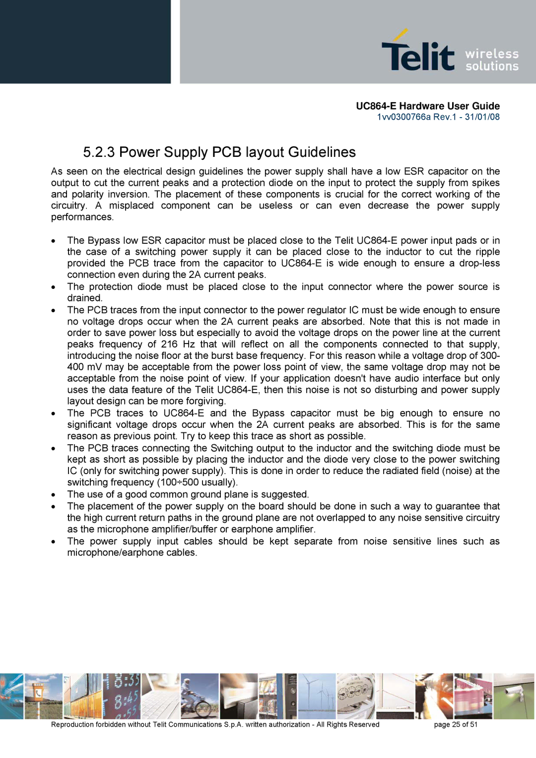 Telit Wireless Solutions UC864 manual Power Supply PCB layout Guidelines 