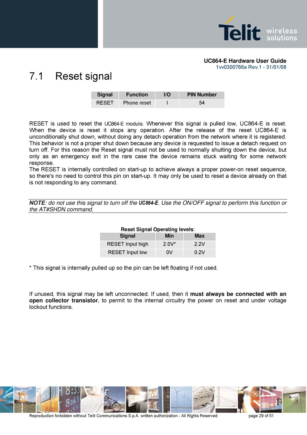 Telit Wireless Solutions UC864 manual Reset signal 