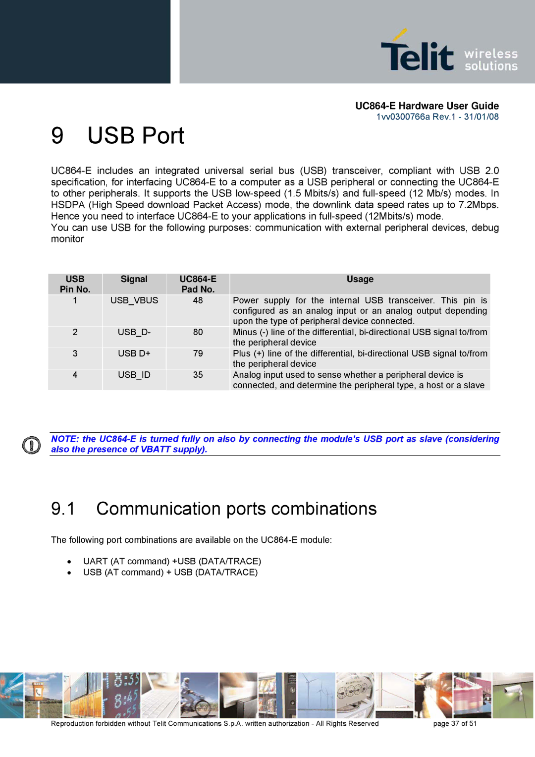 Telit Wireless Solutions UC864 manual USB Port, Communication ports combinations 