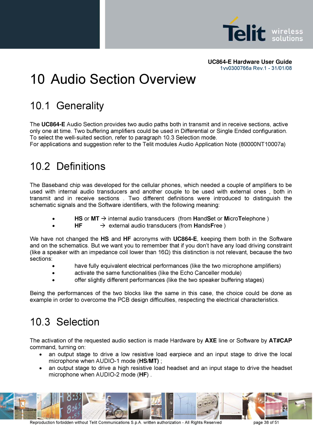 Telit Wireless Solutions UC864 manual Audio Section Overview, Generality, Definitions, Selection 