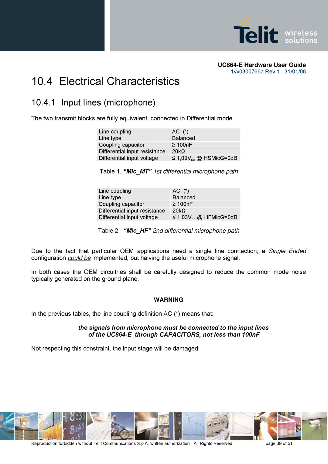 Telit Wireless Solutions UC864 manual Electrical Characteristics, Input lines microphone 