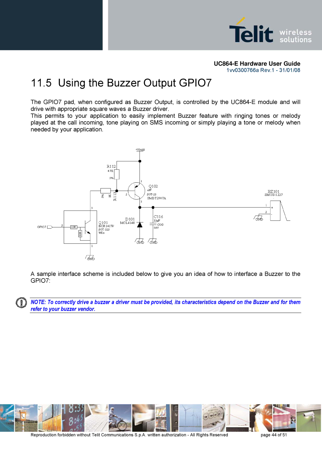 Telit Wireless Solutions UC864 manual Using the Buzzer Output GPIO7 