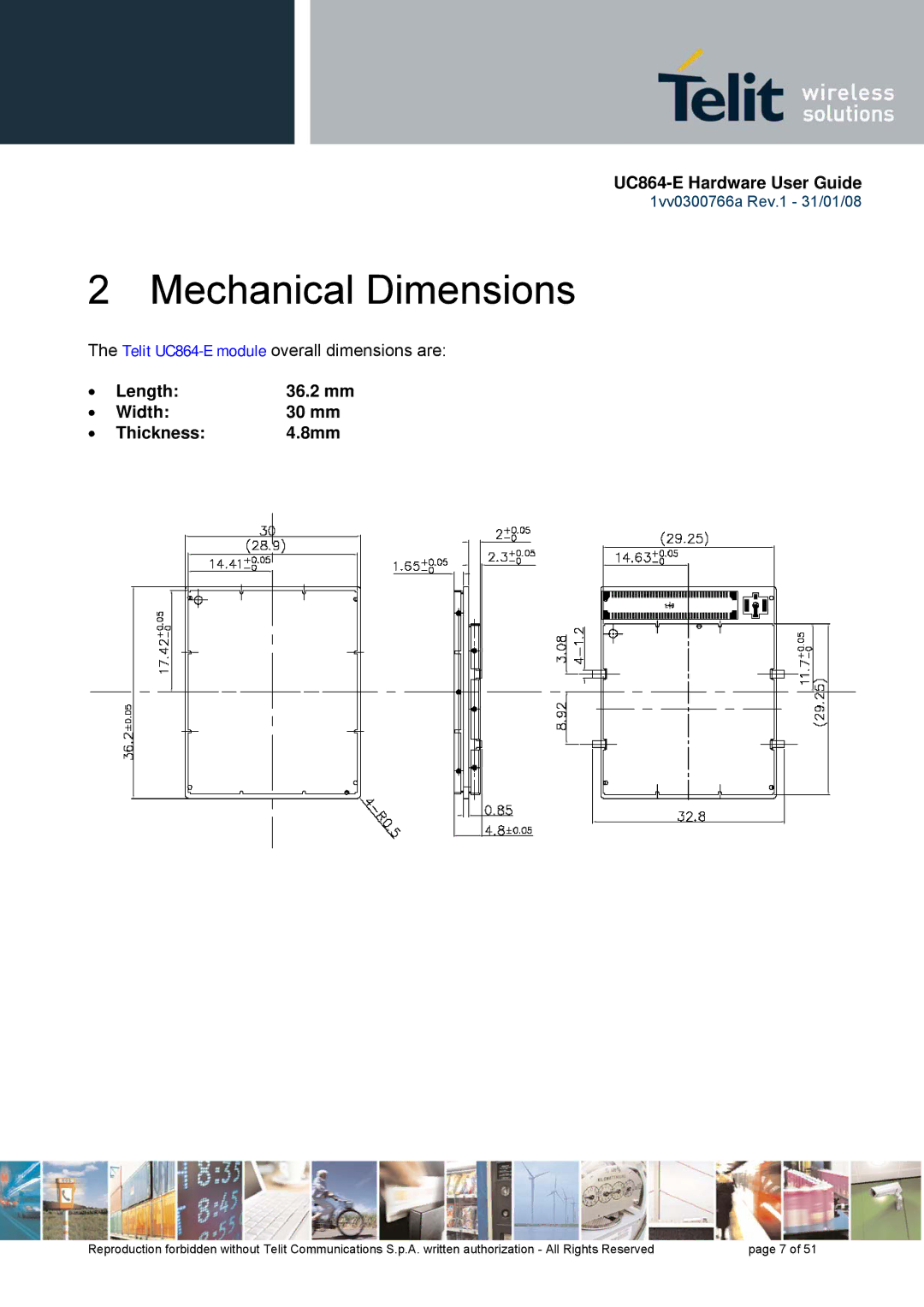 Telit Wireless Solutions UC864 manual Mechanical Dimensions, Length 36.2 mm Width 30 mm Thickness 8mm 