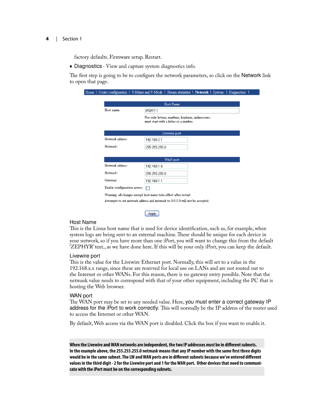 Telos iPort user manual Host Name, Livewire port, WAN port 