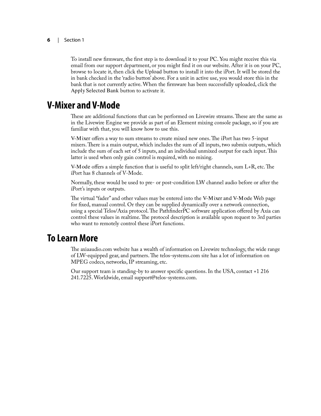 Telos iPort user manual Mixer and V-Mode, To Learn More 