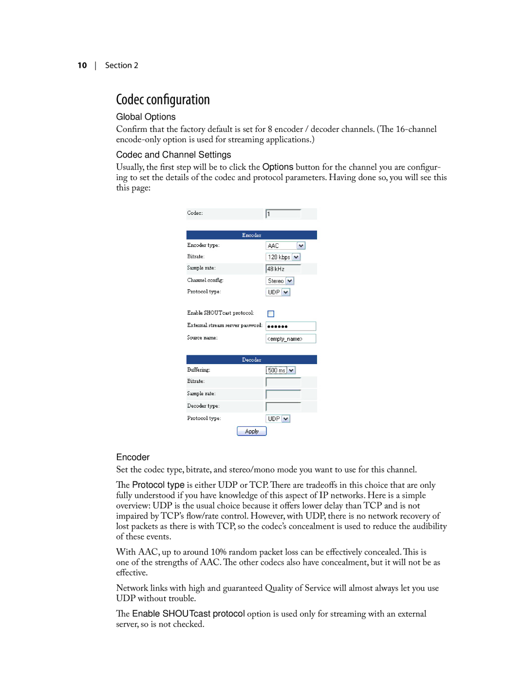 Telos iPort user manual Codec configuration, Global Options, Codec and Channel Settings, Encoder 