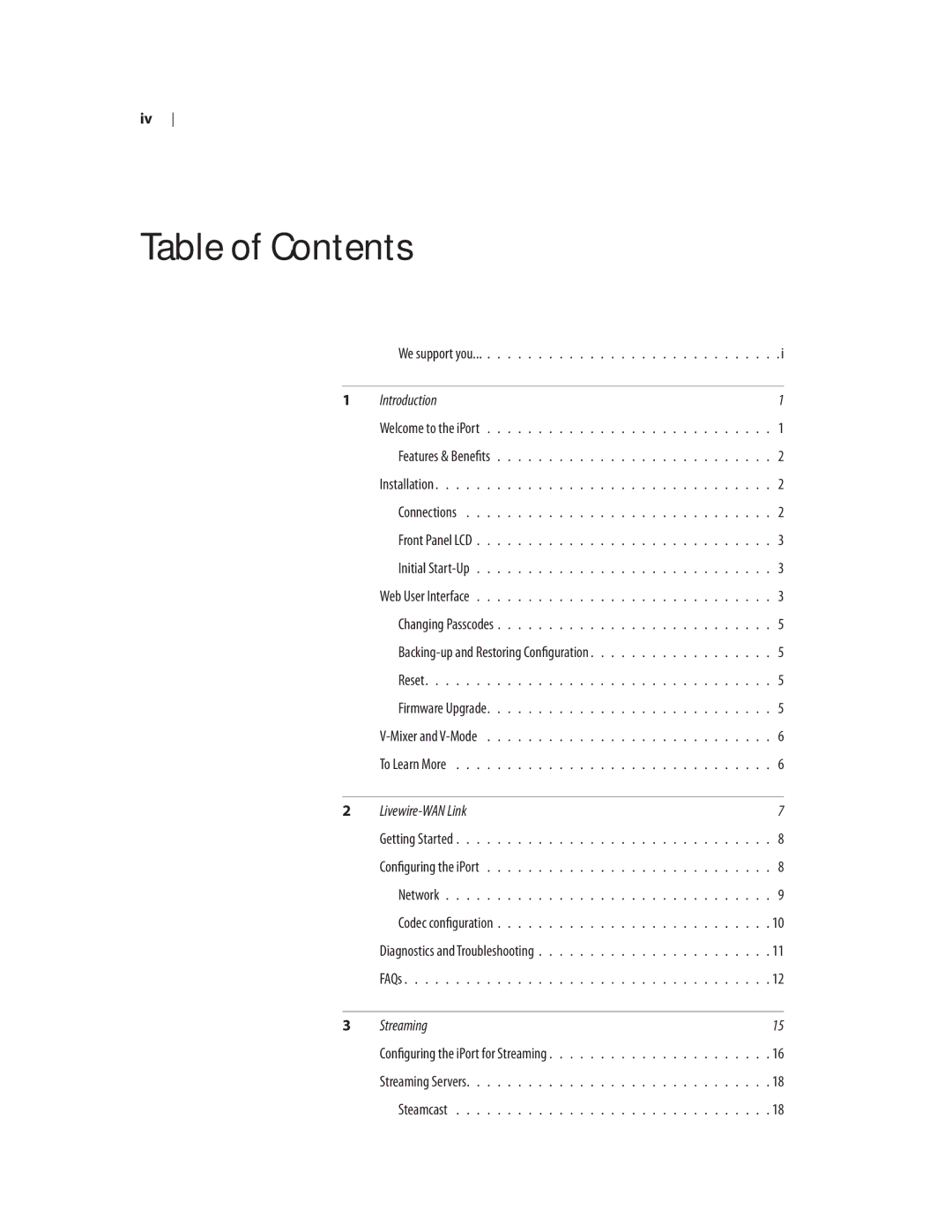 Telos iPort user manual Table of Contents 