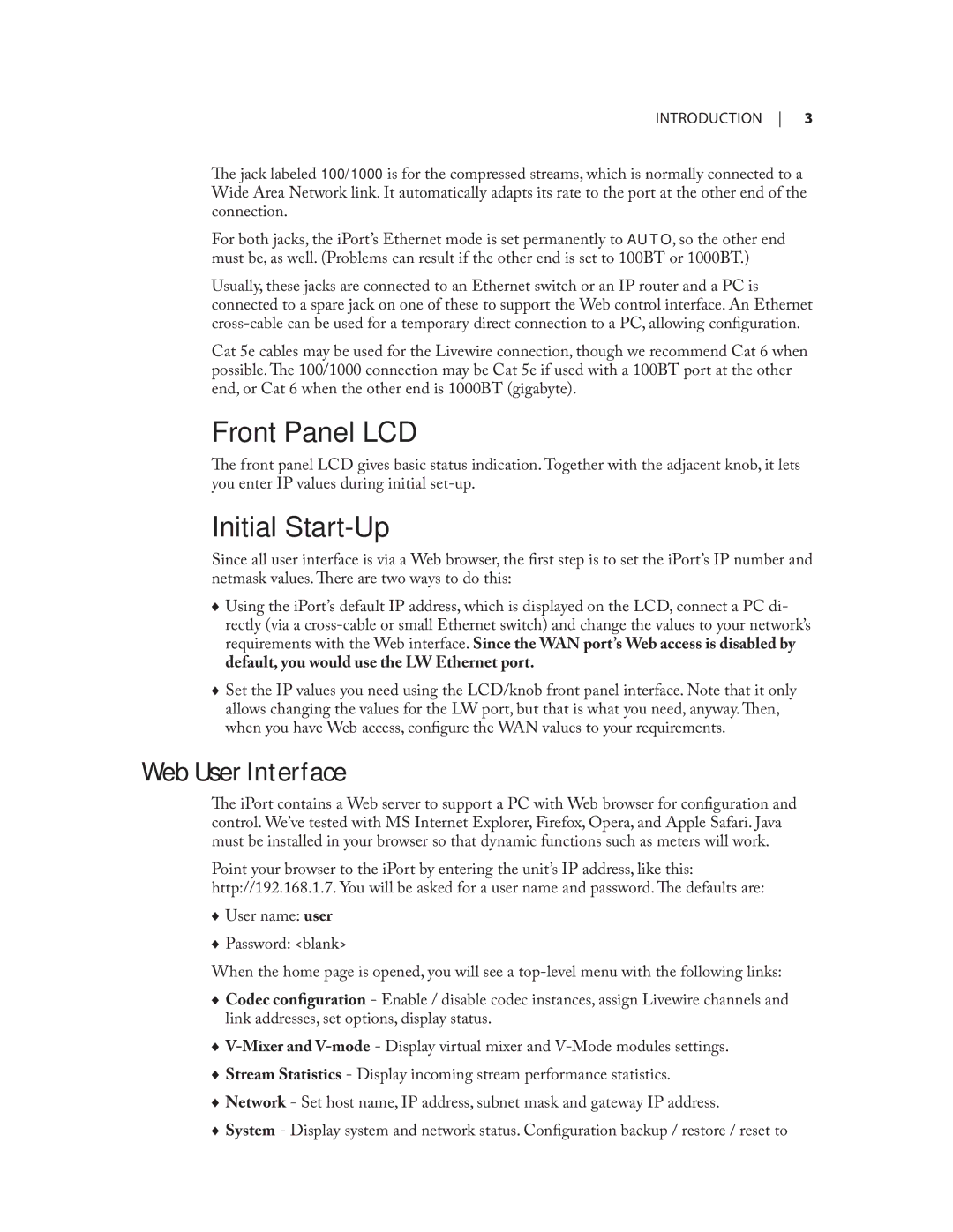 Telos iPort user manual Web User Interface, Front Panel LCD, Initial Start-Up 