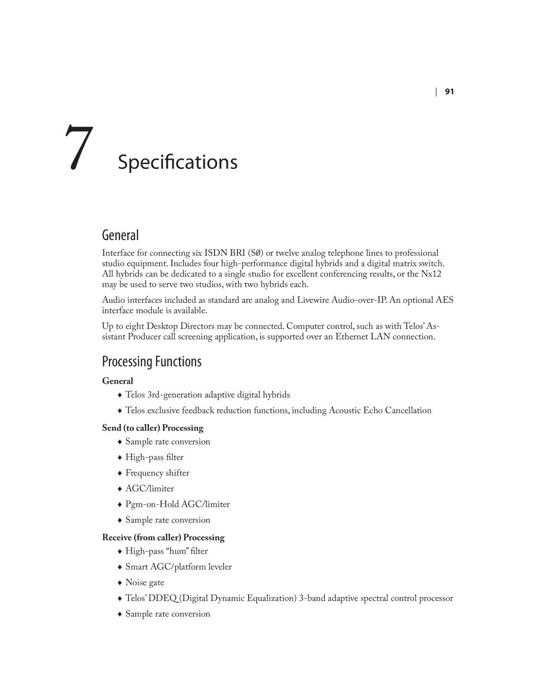 Telos NX12 user manual Specifications, General, Processing Functions 