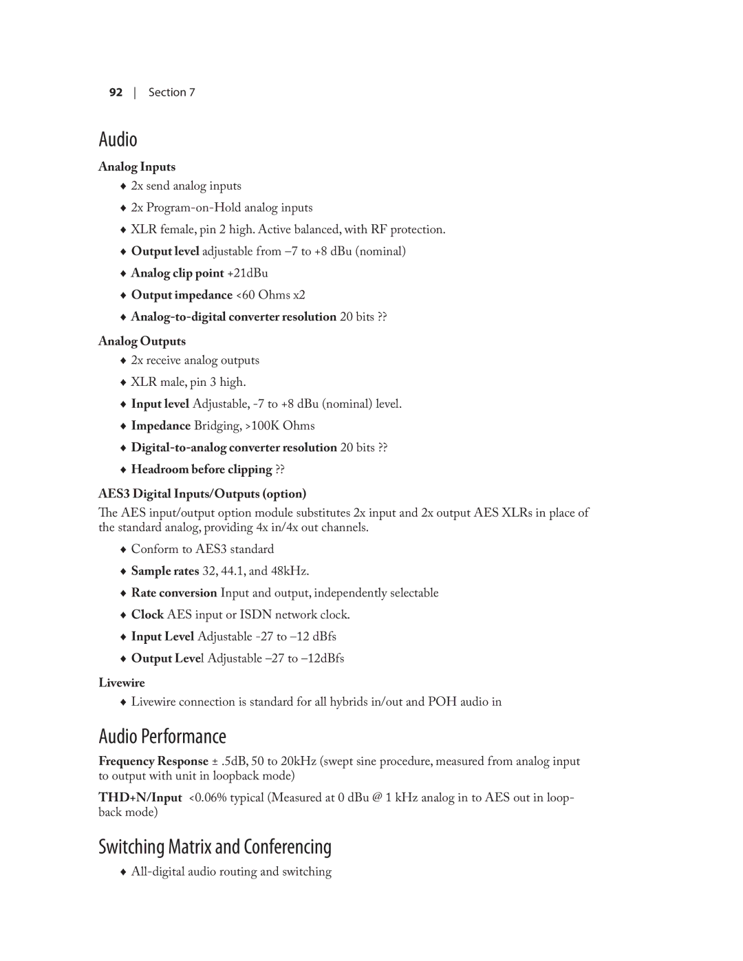 Telos NX12 user manual Audio Performance, Switching Matrix and Conferencing, Livewire 