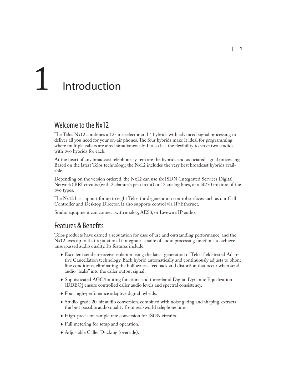 Telos NX12 user manual Introduction, Welcome to the Nx12, Features & Benefits 