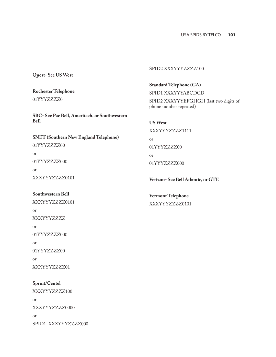 Telos NX12 user manual Quest- See US West Rochester Telephone, Southwestern Bell, Sprint/Centel, Standard Telephone GA 