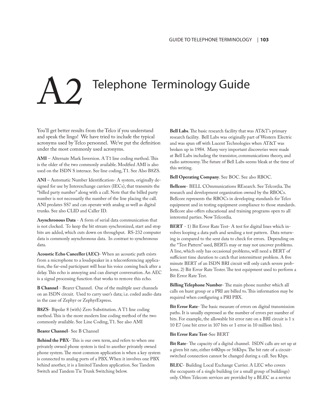 Telos NX12 user manual A2 Telephone Terminology Guide, Bit Error Rate Test-See Bert 