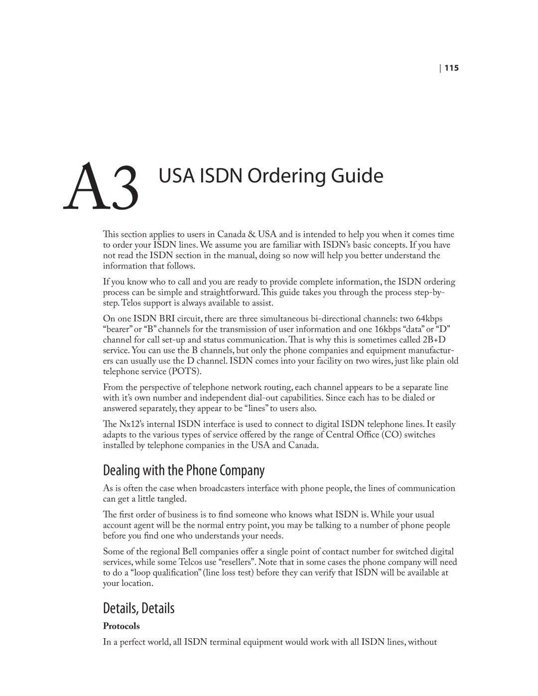 Telos NX12 user manual A3 USA Isdn Ordering Guide, Dealing with the Phone Company, Details, Details, Protocols 