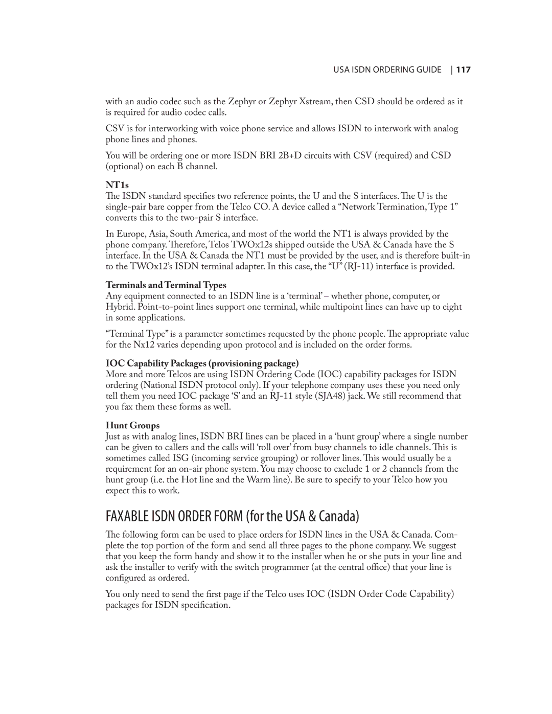 Telos NX12 user manual Faxable Isdn Order Form for the USA & Canada, NT1s, Terminals and Terminal Types, Hunt Groups 