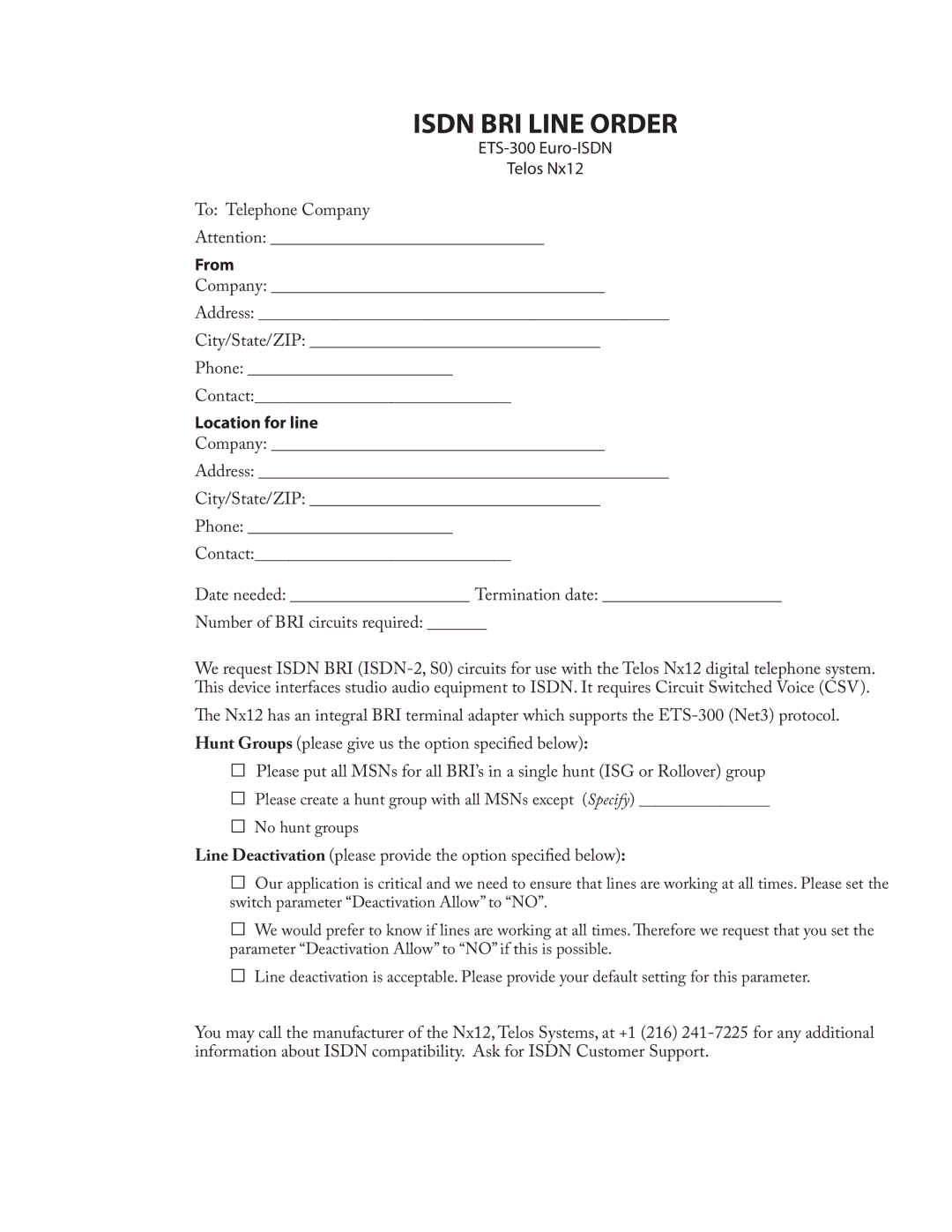 Telos NX12 user manual ETS-300 Euro-ISDN Telos Nx12 