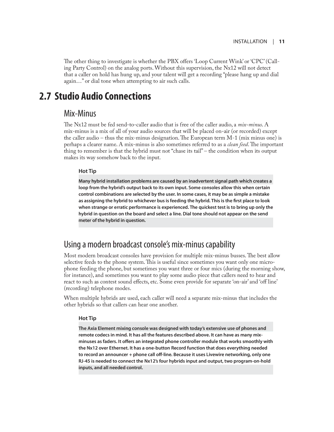 Telos NX12 user manual Studio Audio Connections, Mix-Minus, Using a modern broadcast console’s mix-minus capability 