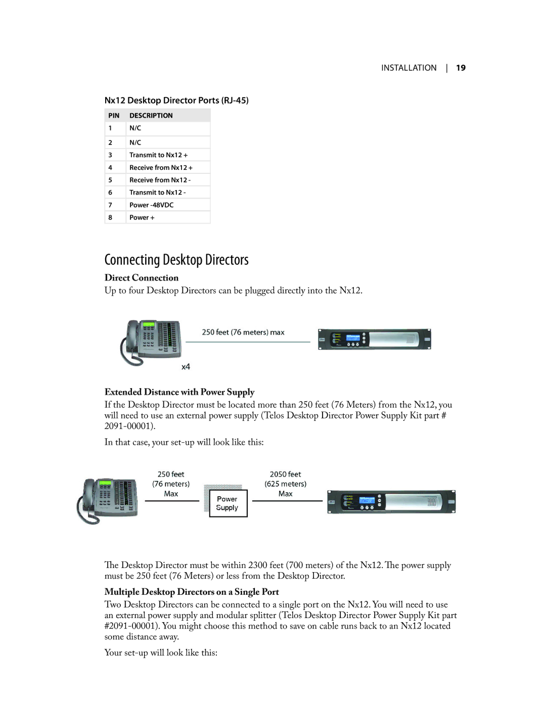 Telos NX12 user manual Connecting Desktop Directors, Direct Connection, Extended Distance with Power Supply 