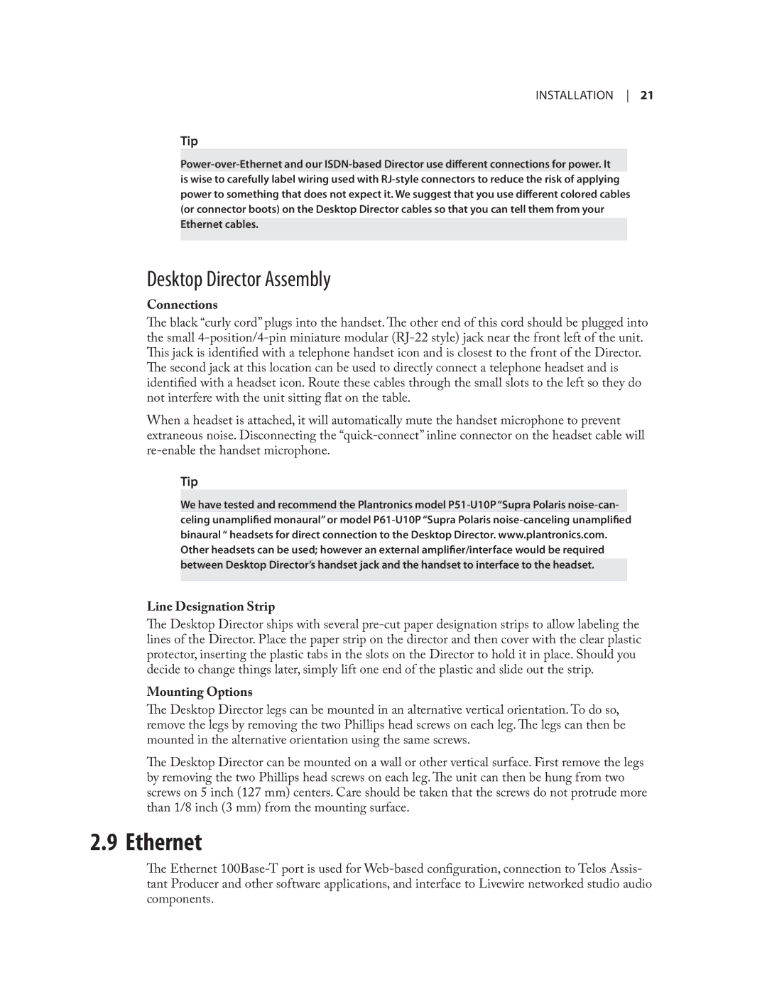 Telos NX12 user manual Ethernet, Desktop Director Assembly, Connections, Line Designation Strip, Mounting Options 