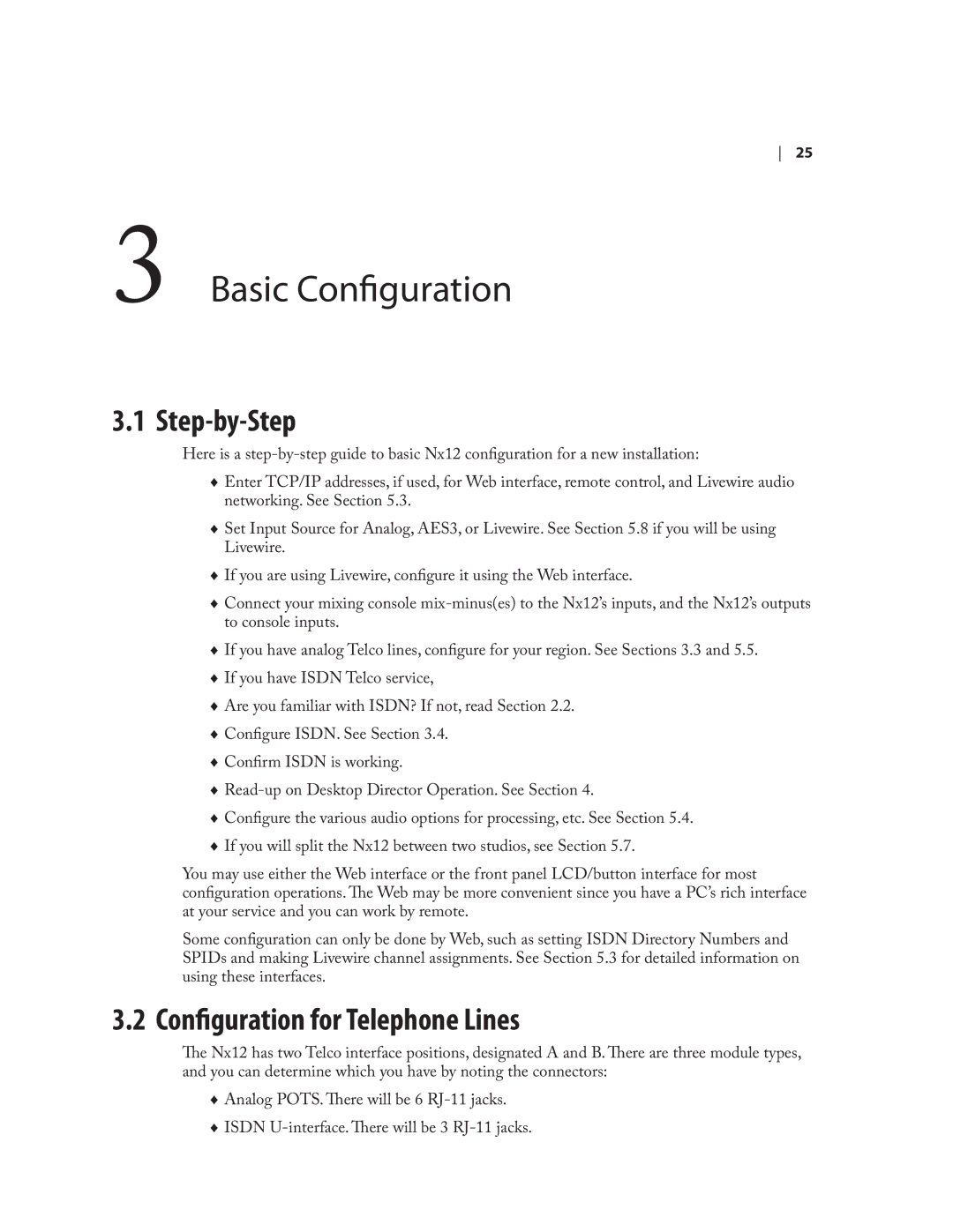 Telos NX12 user manual Basic Configuration, Step-by-Step, Configuration for Telephone Lines 