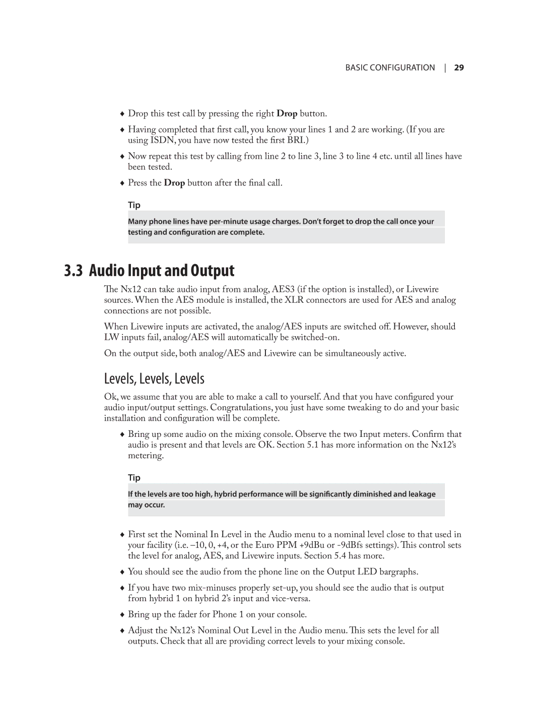 Telos NX12 user manual Audio Input and Output, Levels, Levels, Levels 