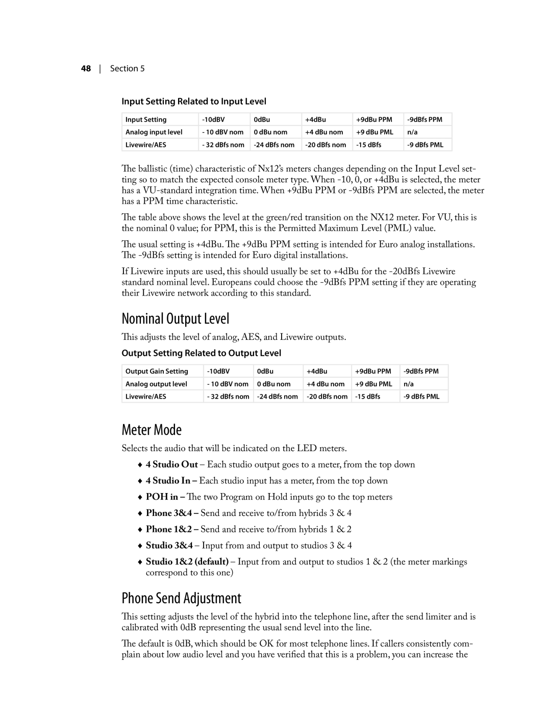 Telos NX12 user manual Nominal Output Level, Meter Mode, Phone Send Adjustment 