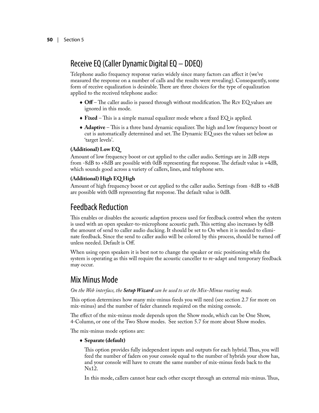 Telos NX12 user manual Receive EQ Caller Dynamic Digital EQ Ddeq, Feedback Reduction, Mix Minus Mode 