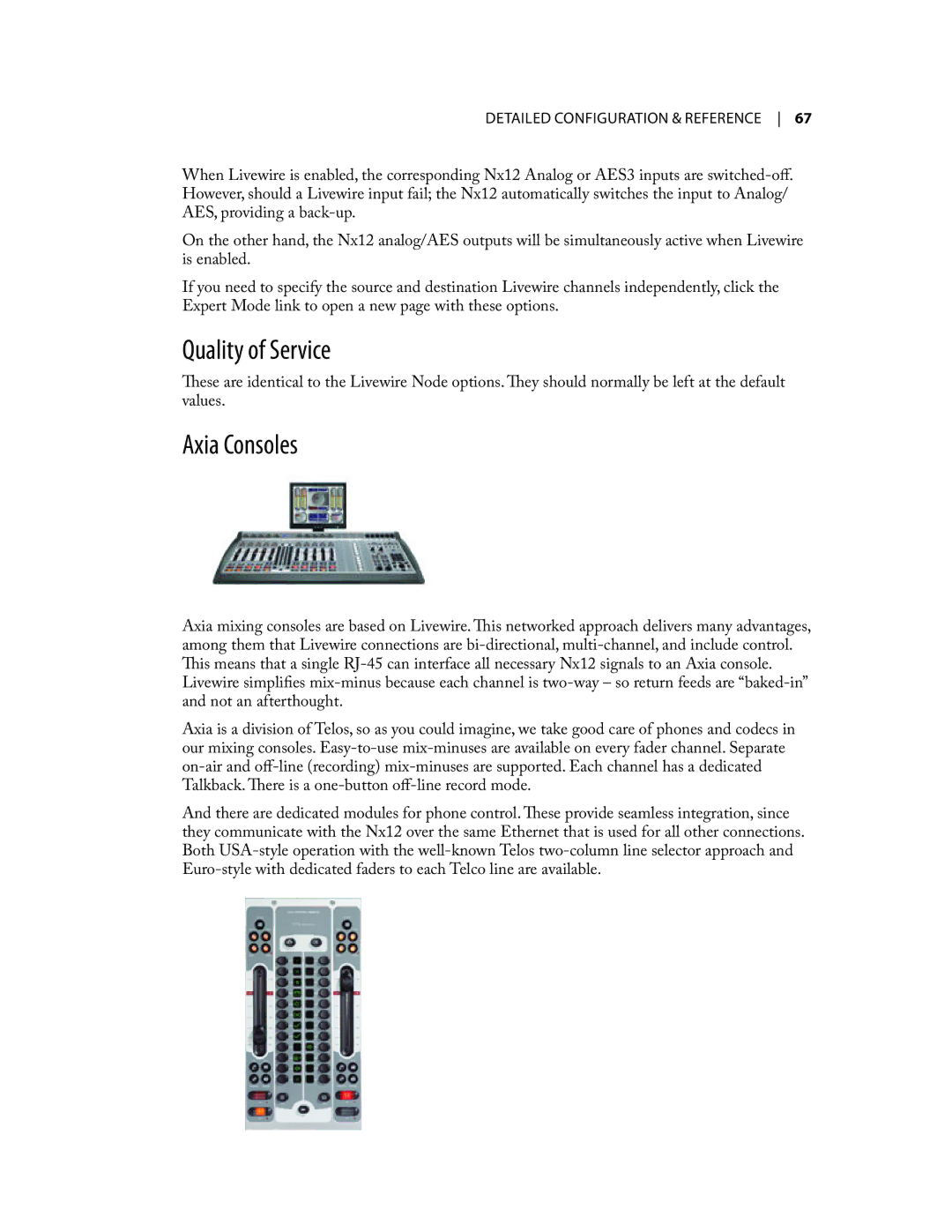 Telos NX12 user manual Quality of Service, Axia Consoles 