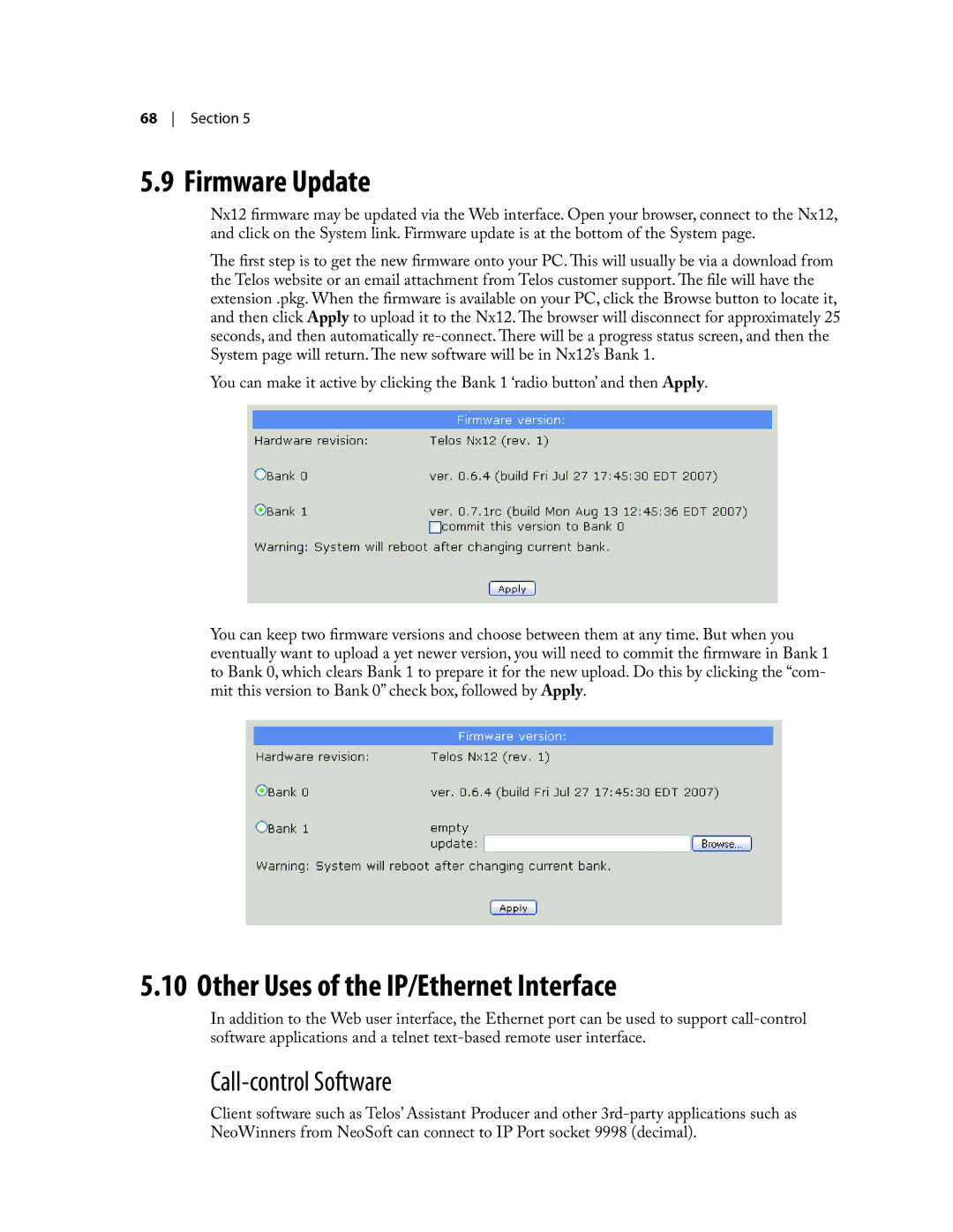 Telos NX12 user manual Firmware Update, Other Uses of the IP/Ethernet Interface, Call-control Software 