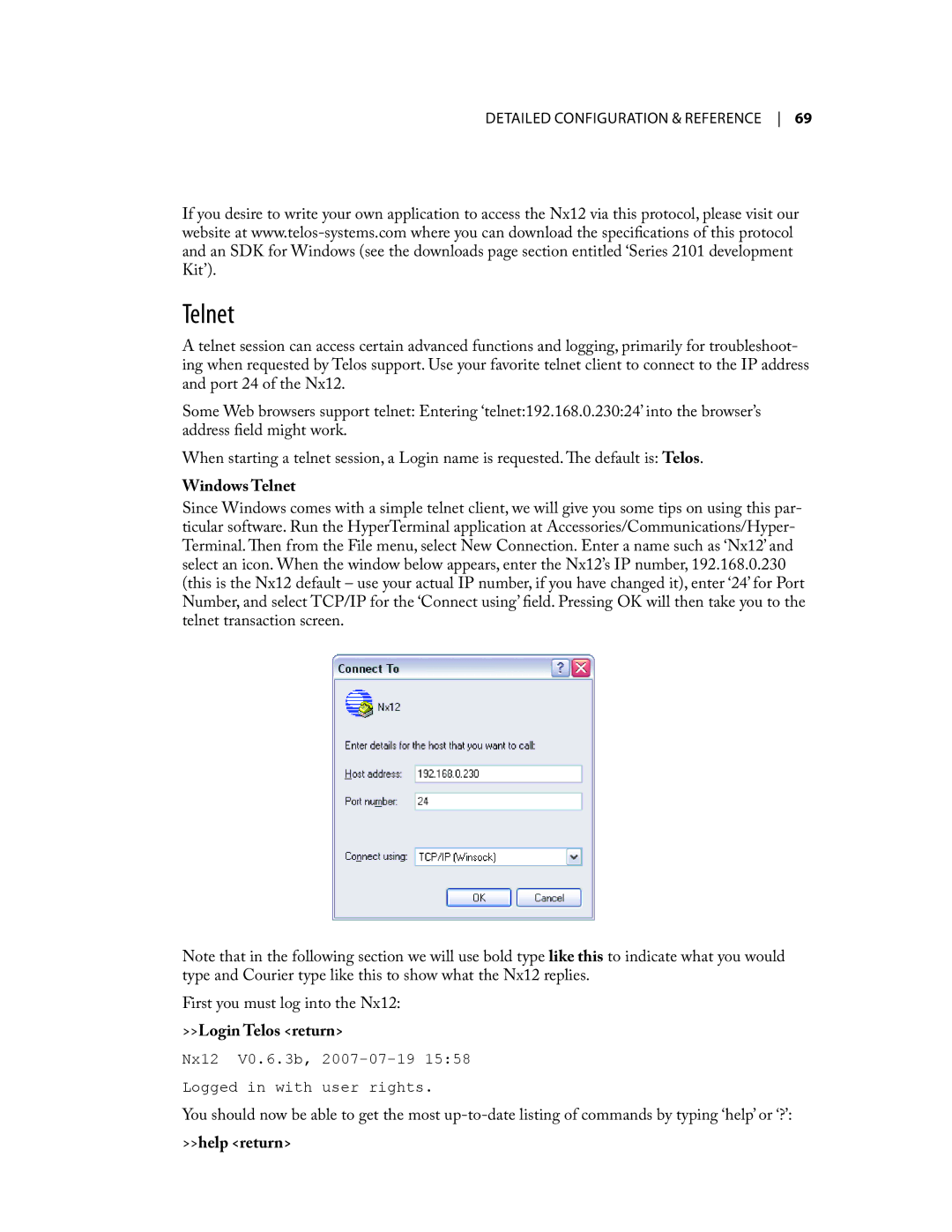 Telos NX12 user manual Windows Telnet, Login Telos return, Help return 
