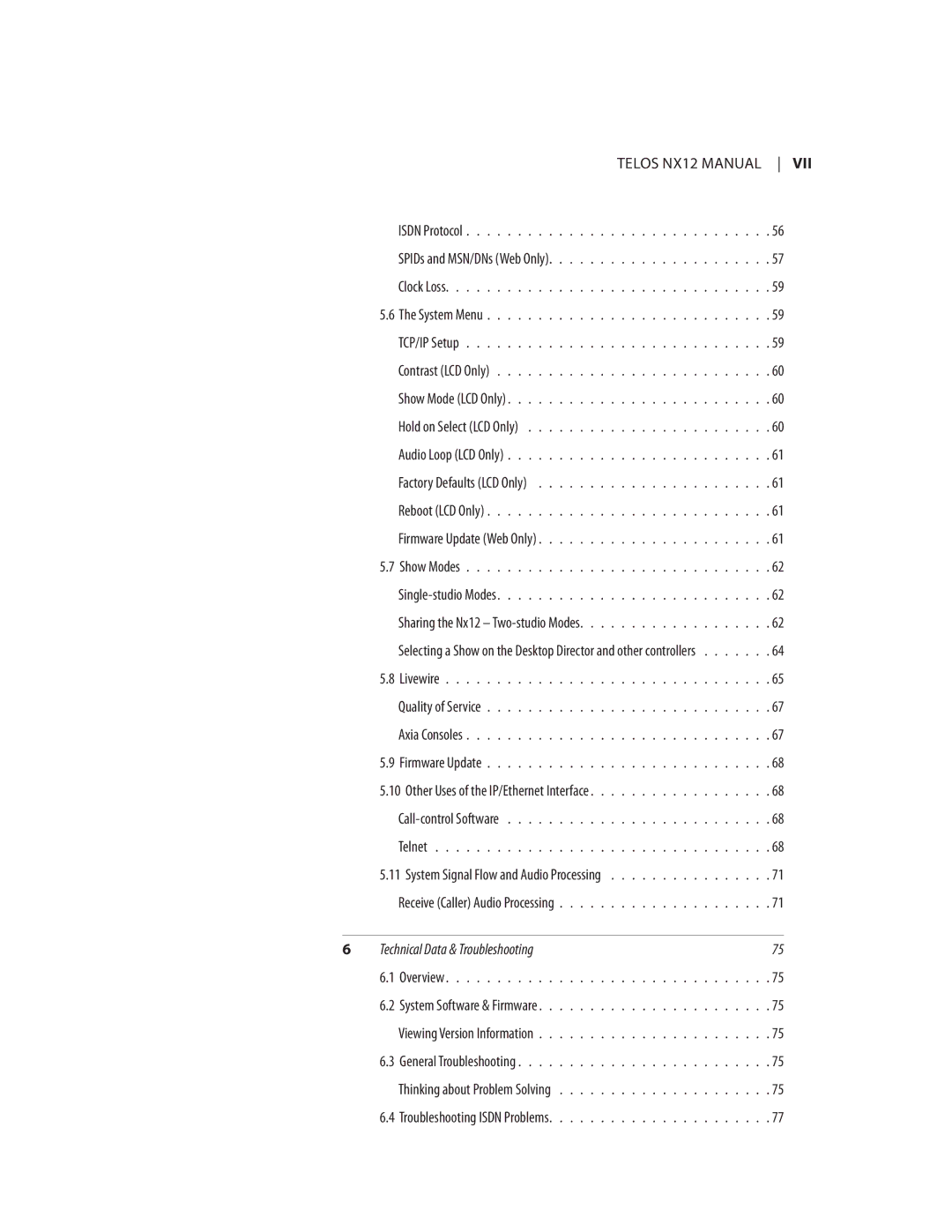 Telos NX12 user manual Vii 