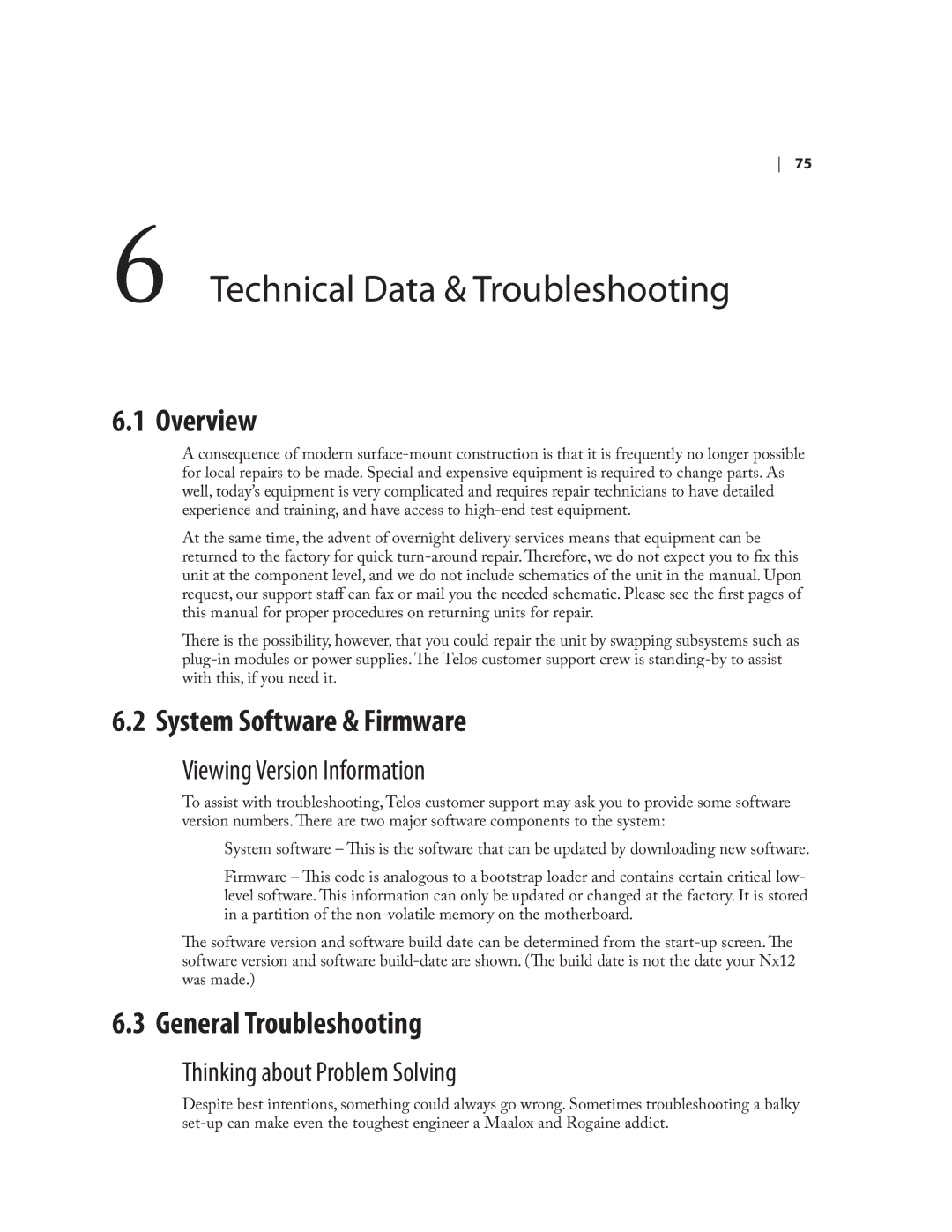 Telos NX12 user manual Technical Data & Troubleshooting, Overview, System Software & Firmware, General Troubleshooting 