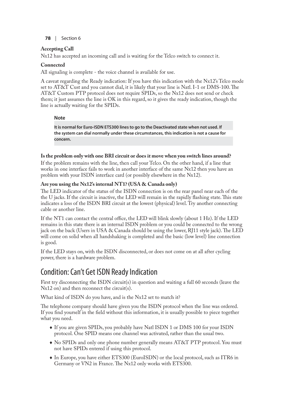 Telos NX12 user manual Condition Can’t Get Isdn Ready Indication, Are you using the Nx12’s internal NT1? USA & Canada only 