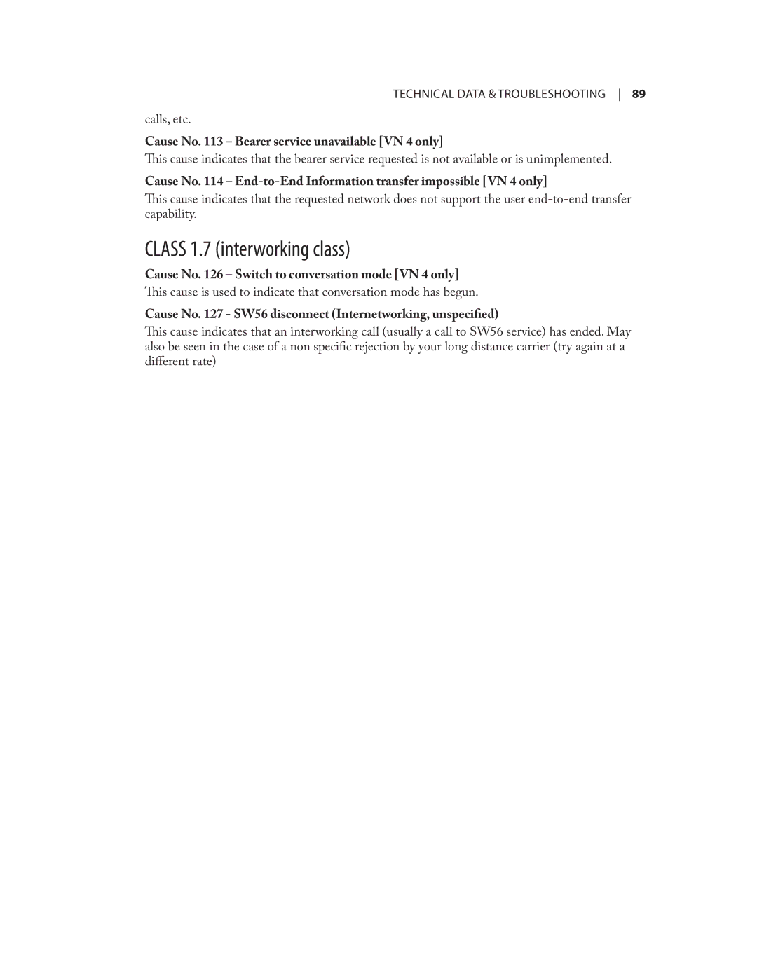 Telos NX12 user manual Class 1.7 interworking class, Cause No Bearer service unavailable VN 4 only 