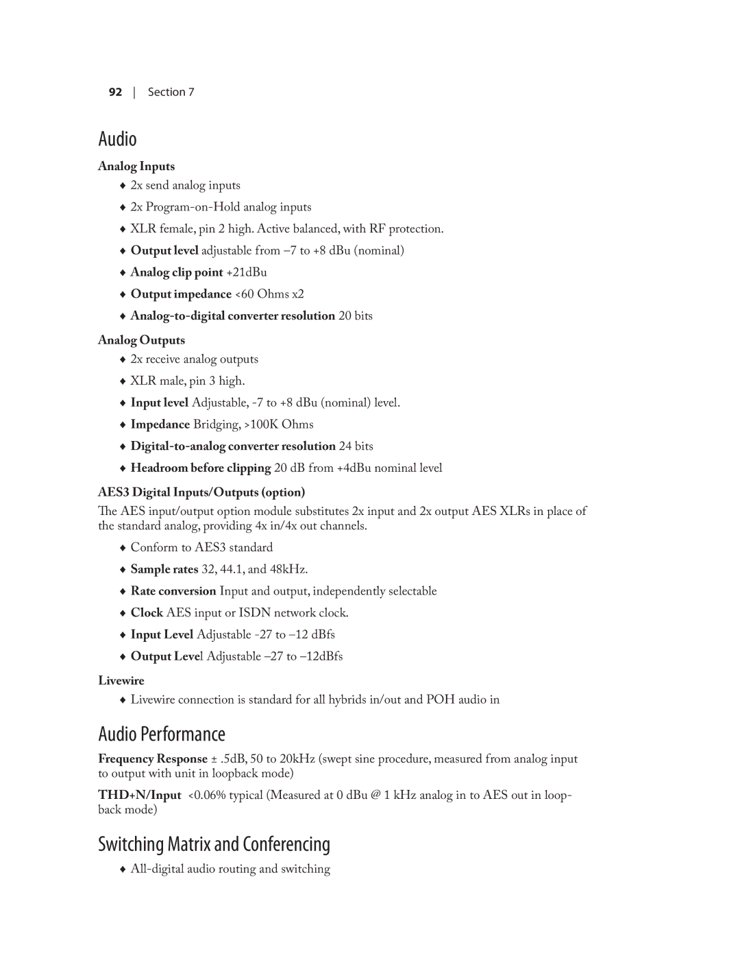 Telos NX12 user manual Audio Performance, Switching Matrix and Conferencing 