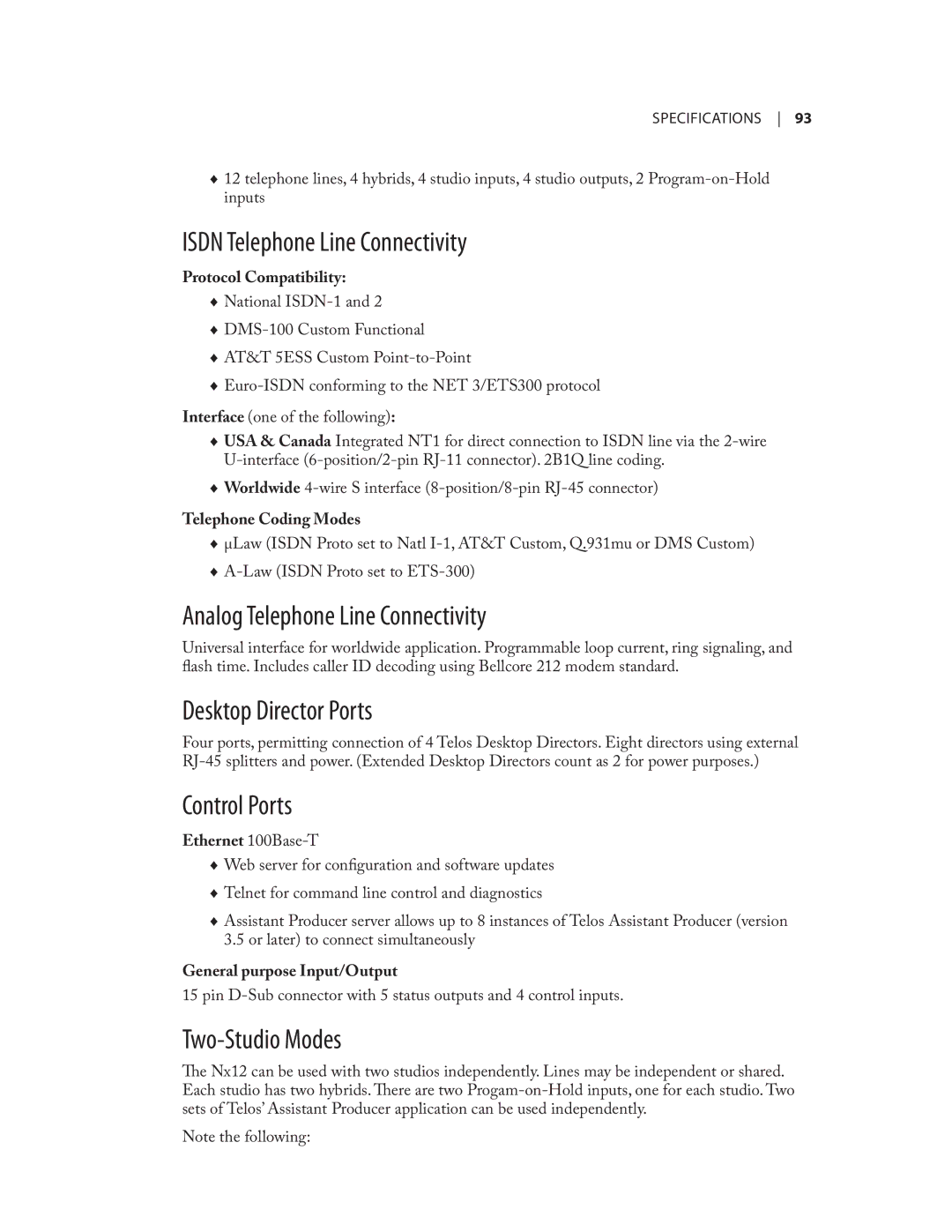 Telos NX12 Isdn Telephone Line Connectivity, Analog Telephone Line Connectivity, Desktop Director Ports, Control Ports 