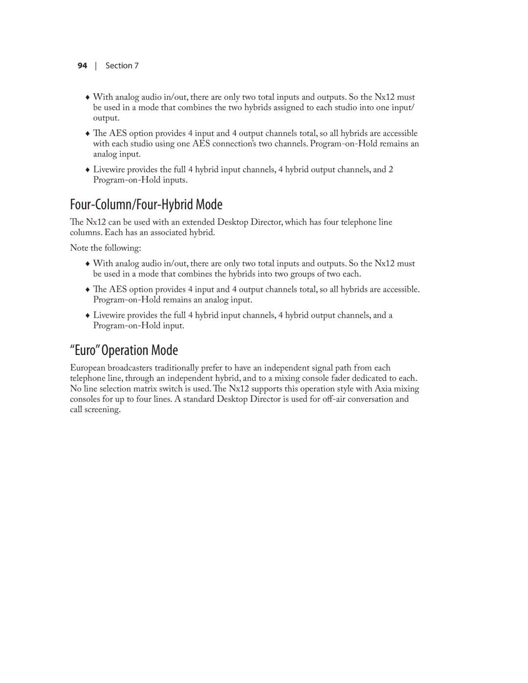 Telos NX12 user manual Four-Column/Four-Hybrid Mode, Euro Operation Mode 