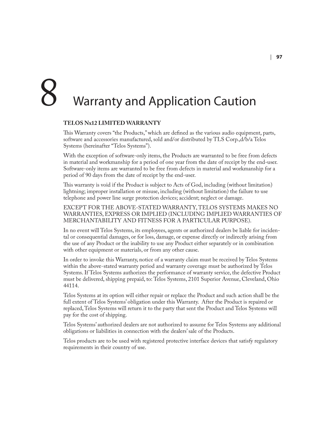 Telos NX12 user manual Warranty and Application Caution, Telos Nx12 Limited Warranty 