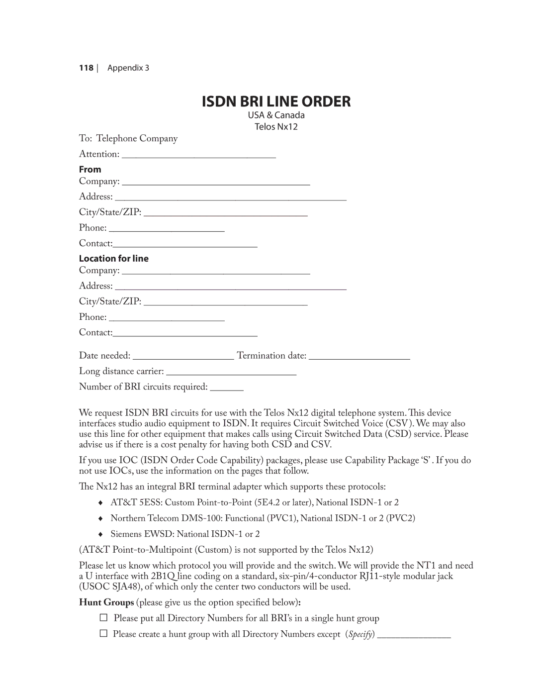 Telos NX12 user manual Isdn BRI Line Order 