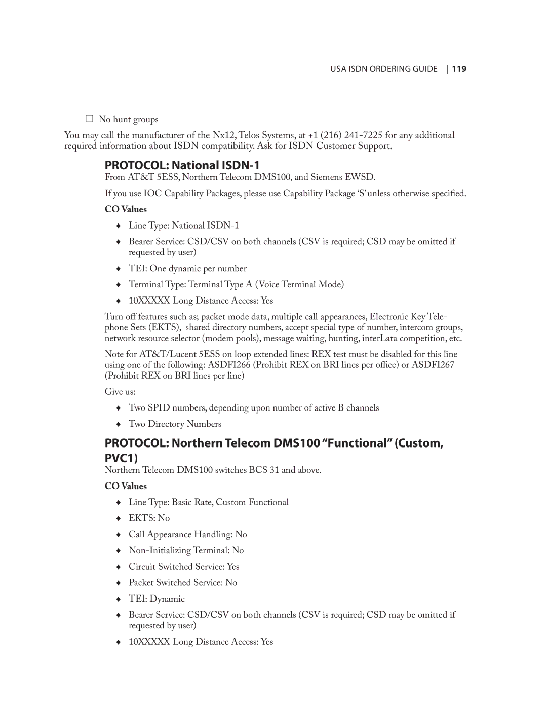 Telos NX12 user manual Protocol National ISDN-1, CO Values 