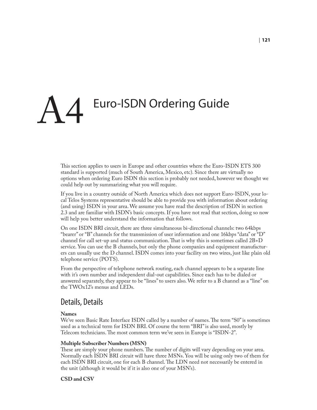 Telos NX12 user manual A4 Euro-ISDN Ordering Guide, Names, Multiple Subscriber Numbers MSN 