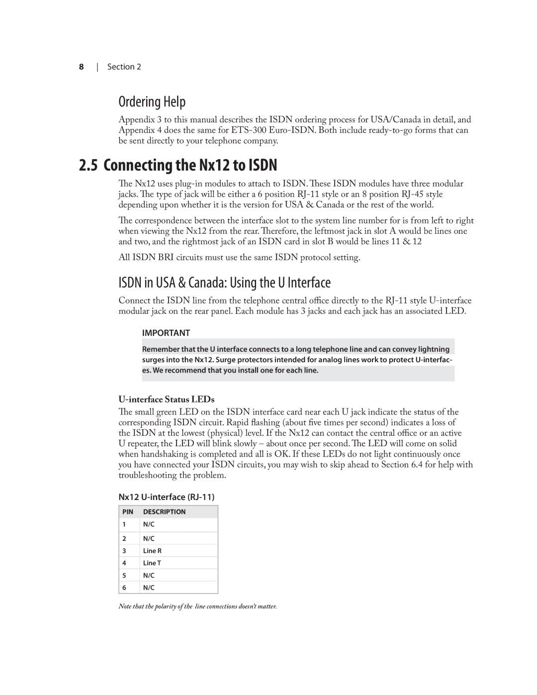 Telos NX12 Connecting the Nx12 to Isdn, Ordering Help, Isdn in USA & Canada Using the U Interface, Interface Status LEDs 