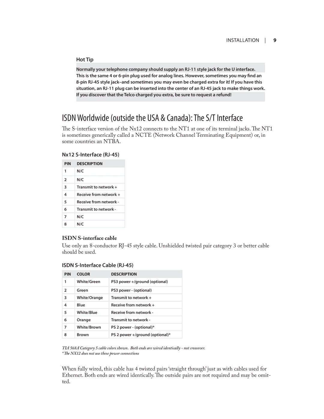 Telos NX12 user manual Hot Tip, Isdn S-interface cable 