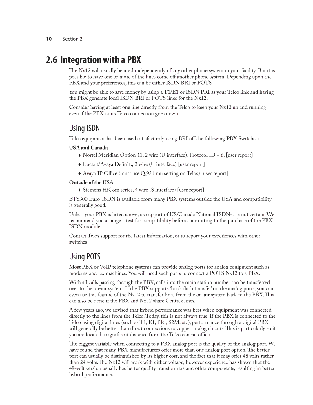 Telos NX12 user manual Integration with a PBX, Using Isdn, Using Pots, USA and Canada, Outside of the USA 